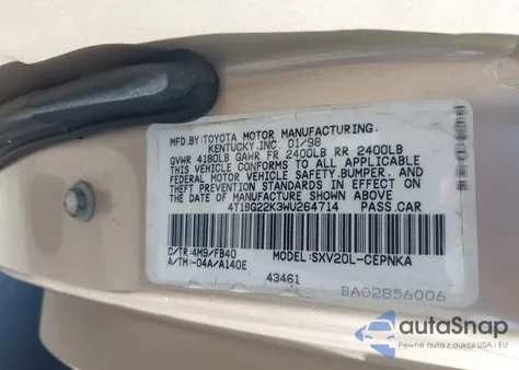 1998 Toyota Camry Le from USA, damaged, VIN 4T1BG22K3WU264714